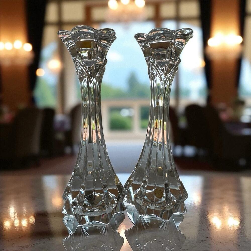 Lenox Crystal Candlestick Holders Alpine Lily Set Of Two 7” New In Box (A)